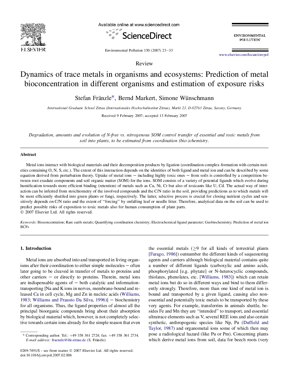 Dynamics of trace metals in organisms and ecosystems: Prediction of metal bioconcentration in different organisms and estimation of exposure risks