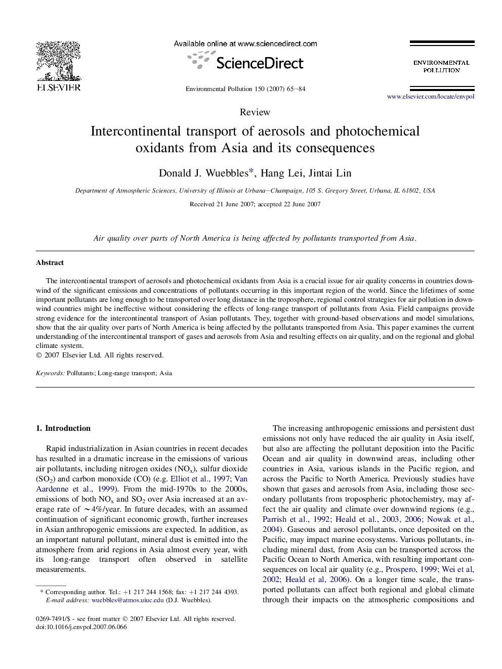 Intercontinental transport of aerosols and photochemical oxidants from Asia and its consequences