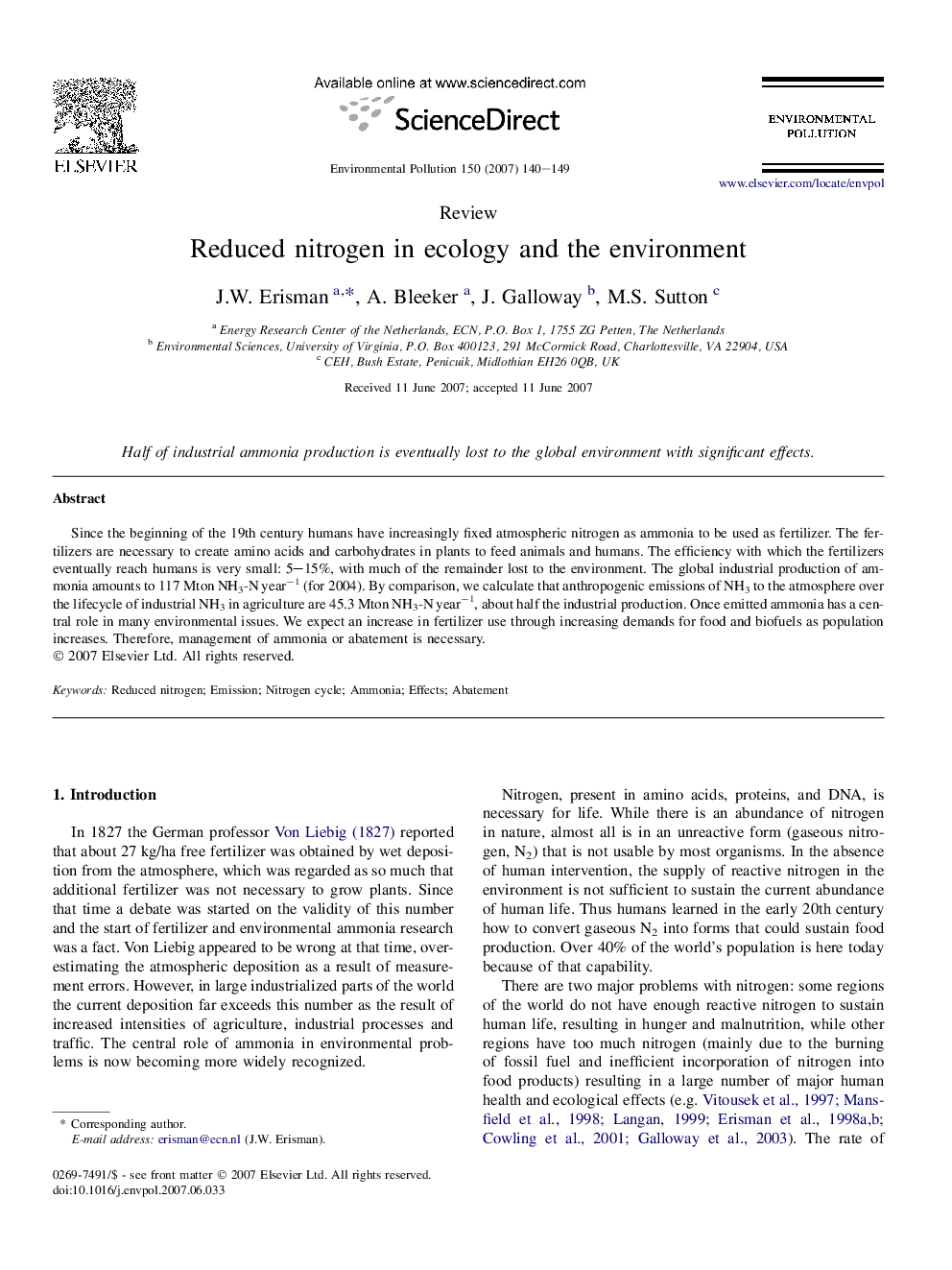 Reduced nitrogen in ecology and the environment