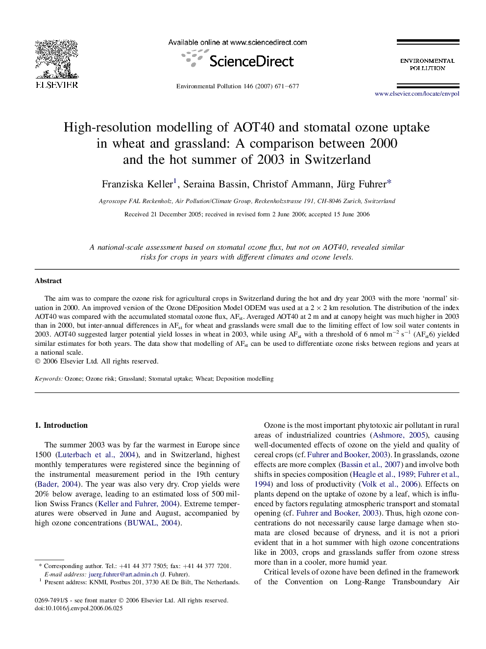 عکس صفحه اول مقاله: High-resolution modelling of AOT40 and stomatal ozone uptake in wheat and grassland: A comparison between 2000 and the hot summer of 2003 in Switzerland High-resolution modelling of AOT40 and stomatal ozone uptake in wheat and grassland: A comparison between 2000 and the hot summer of 2003 in Switzerland
