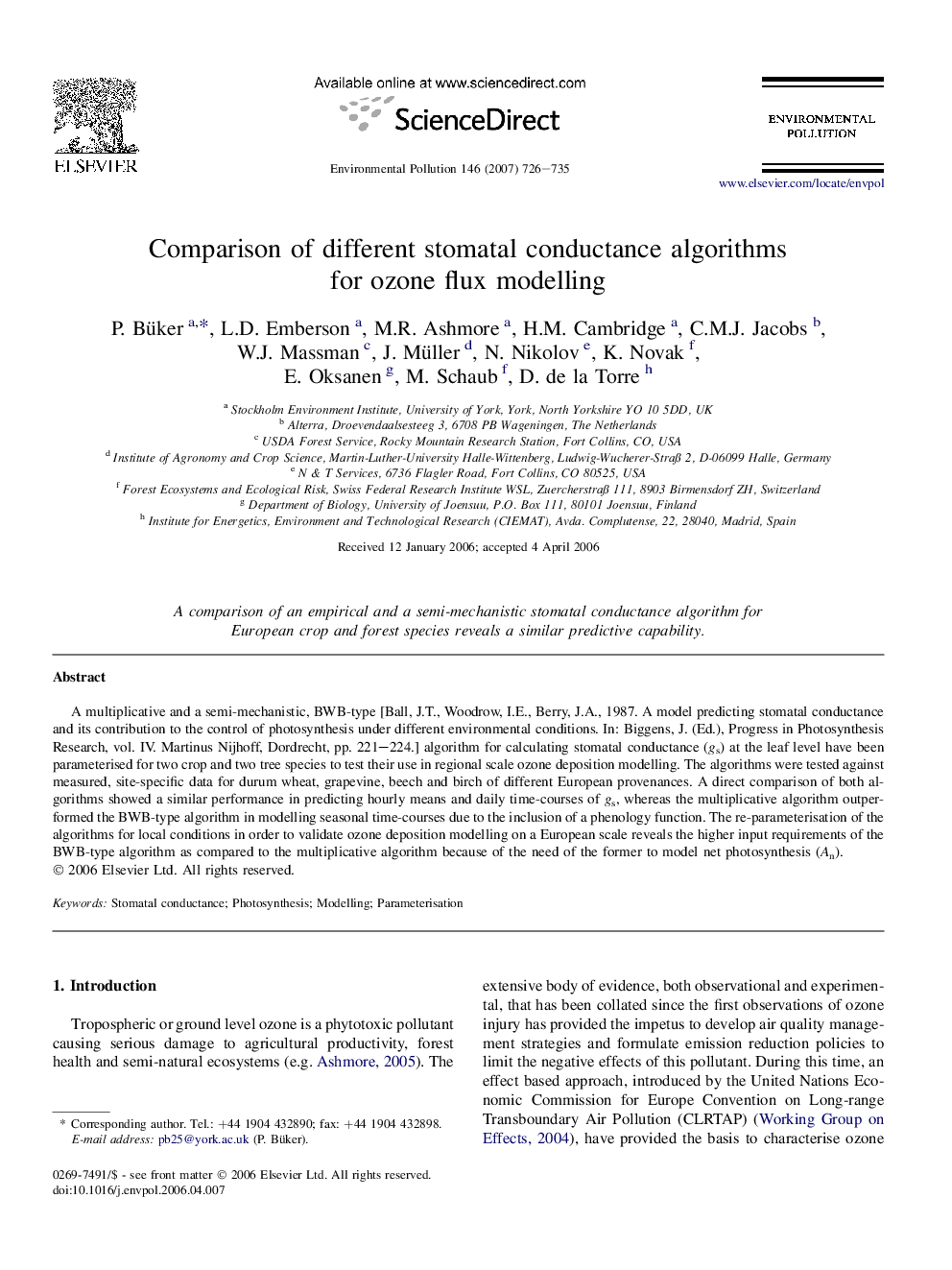 Comparison of different stomatal conductance algorithms for ozone flux modelling