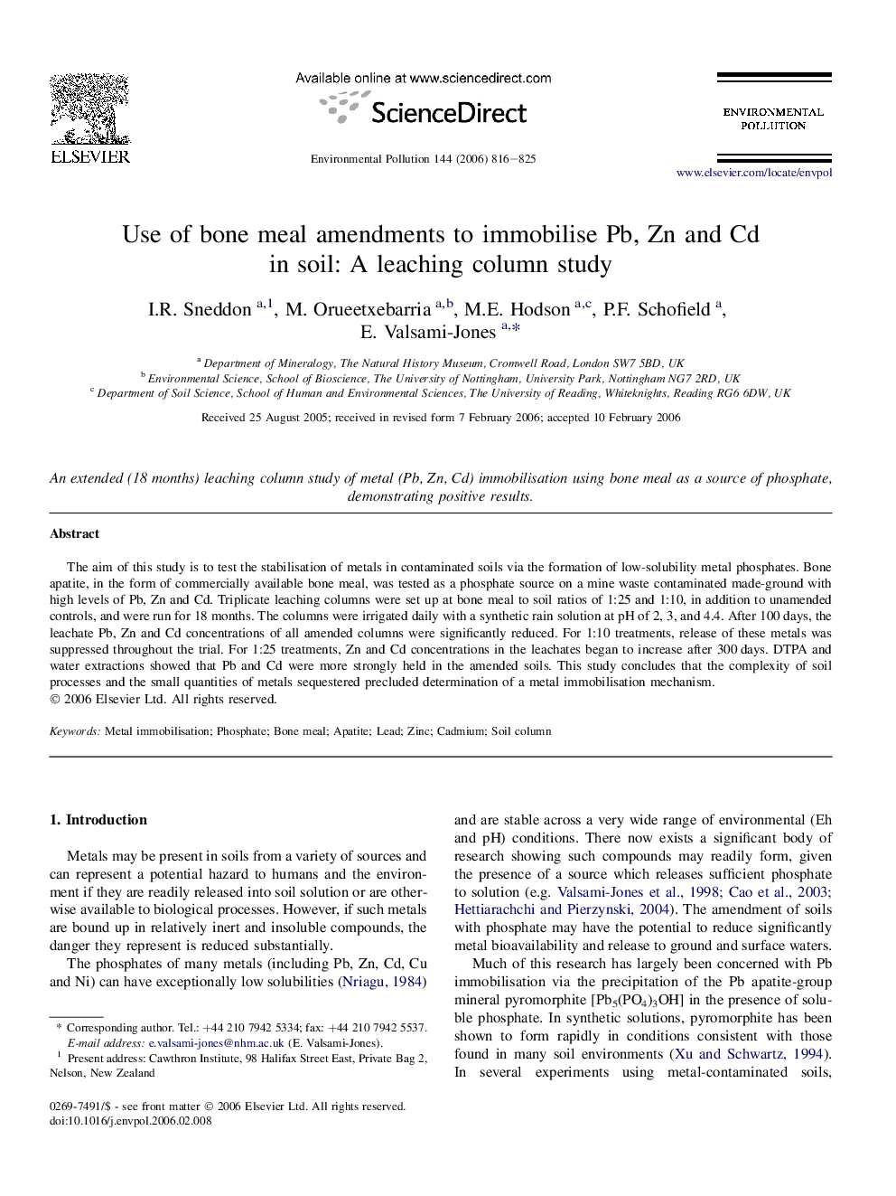 Use of bone meal amendments to immobilise Pb, Zn and Cd in soil: A leaching column study