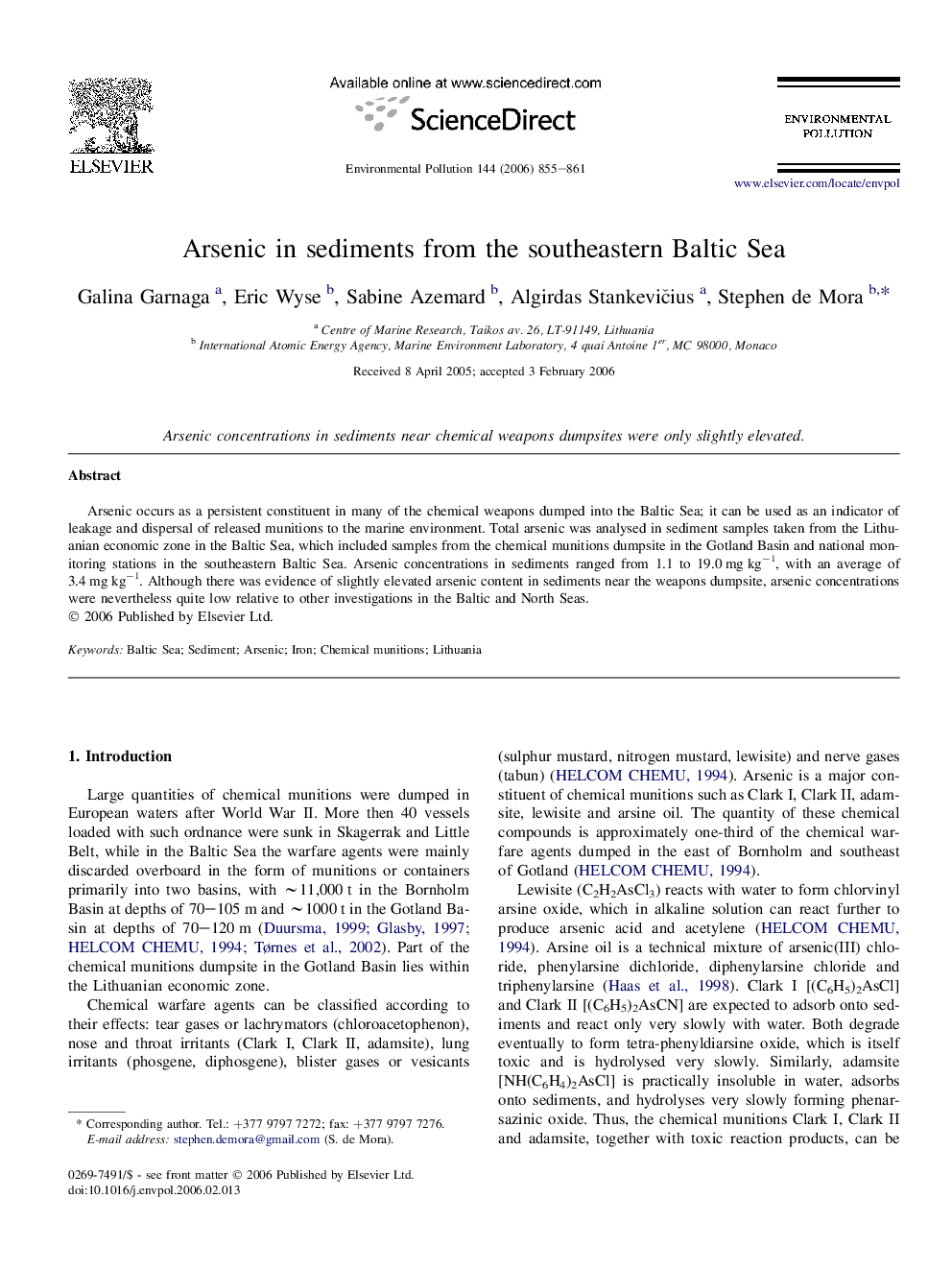 Arsenic in sediments from the southeastern Baltic Sea