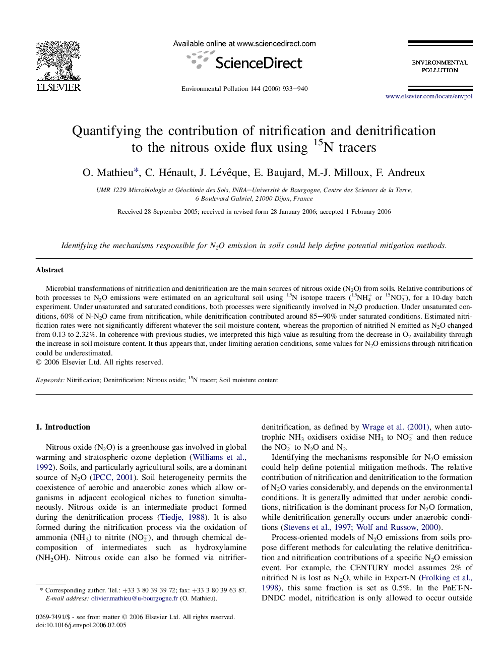 عکس صفحه اول مقاله: Quantifying the contribution of nitrification and denitrification to the nitrous oxide flux using 15N tracers Quantifying the contribution of nitrification and denitrification to the nitrous oxide flux using 15N tracers