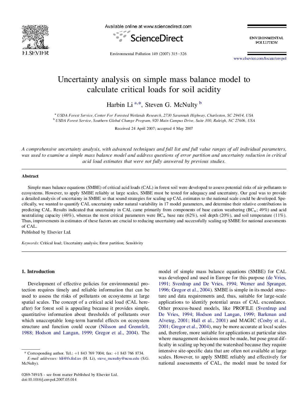 Uncertainty analysis on simple mass balance model to calculate critical loads for soil acidity