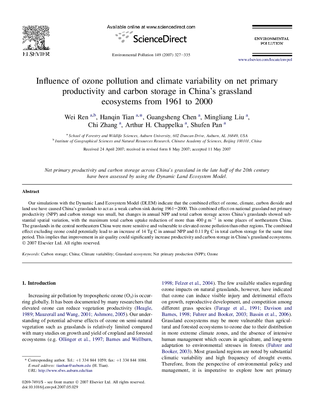 Influence of ozone pollution and climate variability on net primary productivity and carbon storage in China's grassland ecosystems from 1961 to 2000