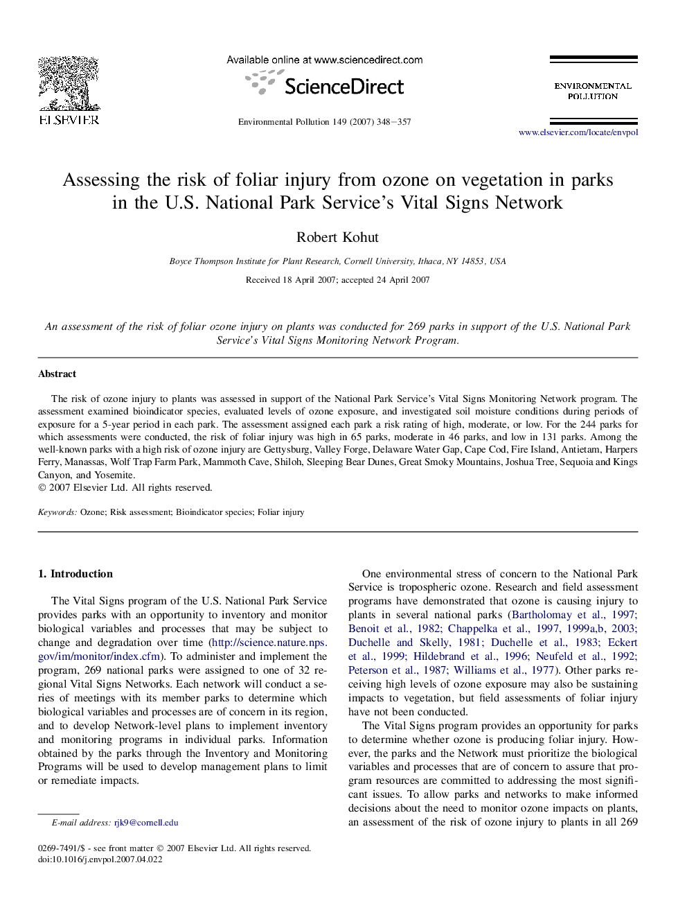 Assessing the risk of foliar injury from ozone on vegetation in parks in the U.S. National Park Service's Vital Signs Network