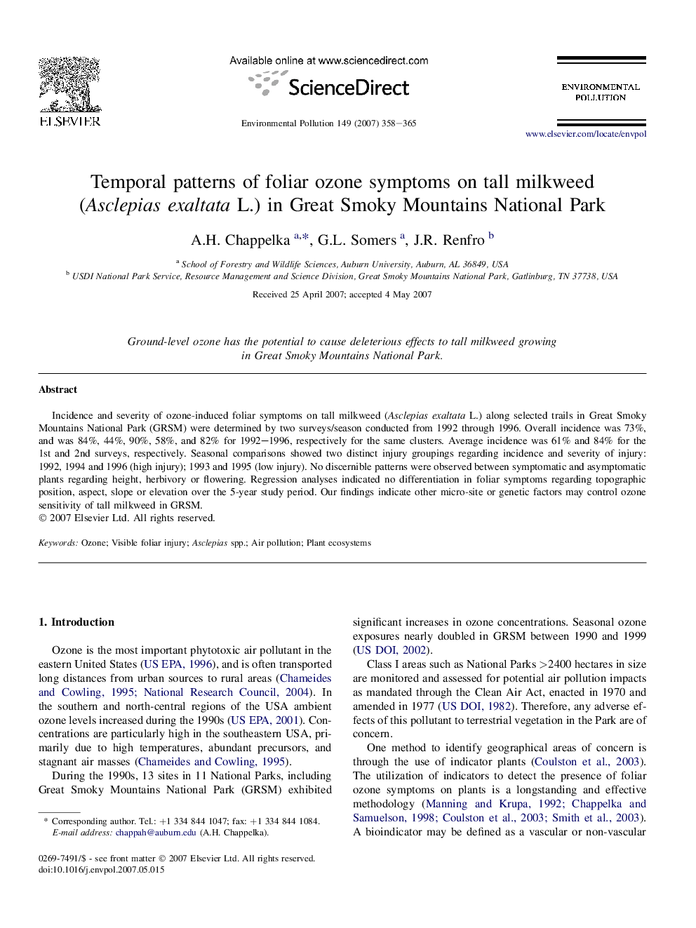 Temporal patterns of foliar ozone symptoms on tall milkweed (Asclepias exaltata L.) in Great Smoky Mountains National Park