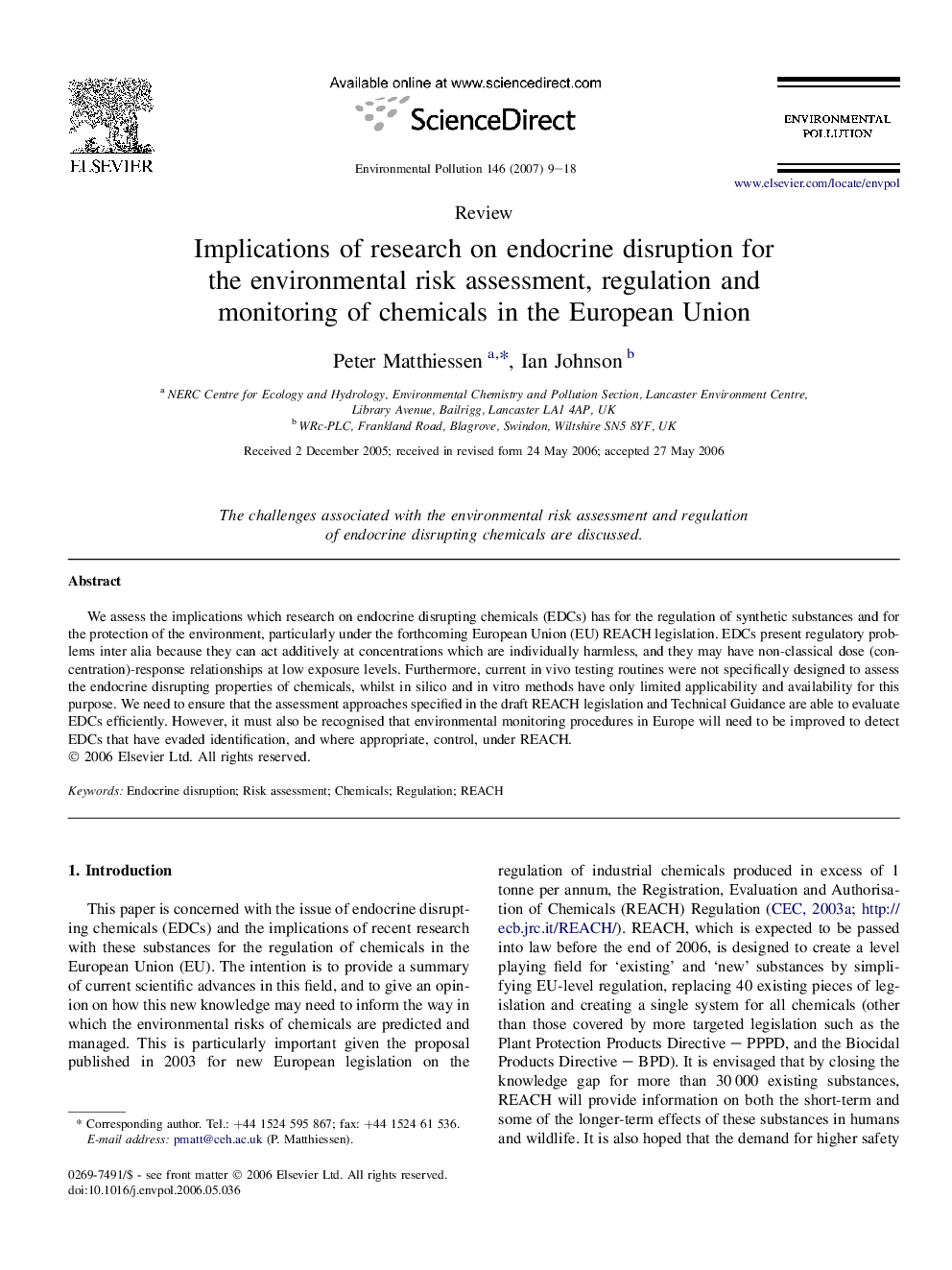 Implications of research on endocrine disruption for the environmental risk assessment, regulation and monitoring of chemicals in the European Union