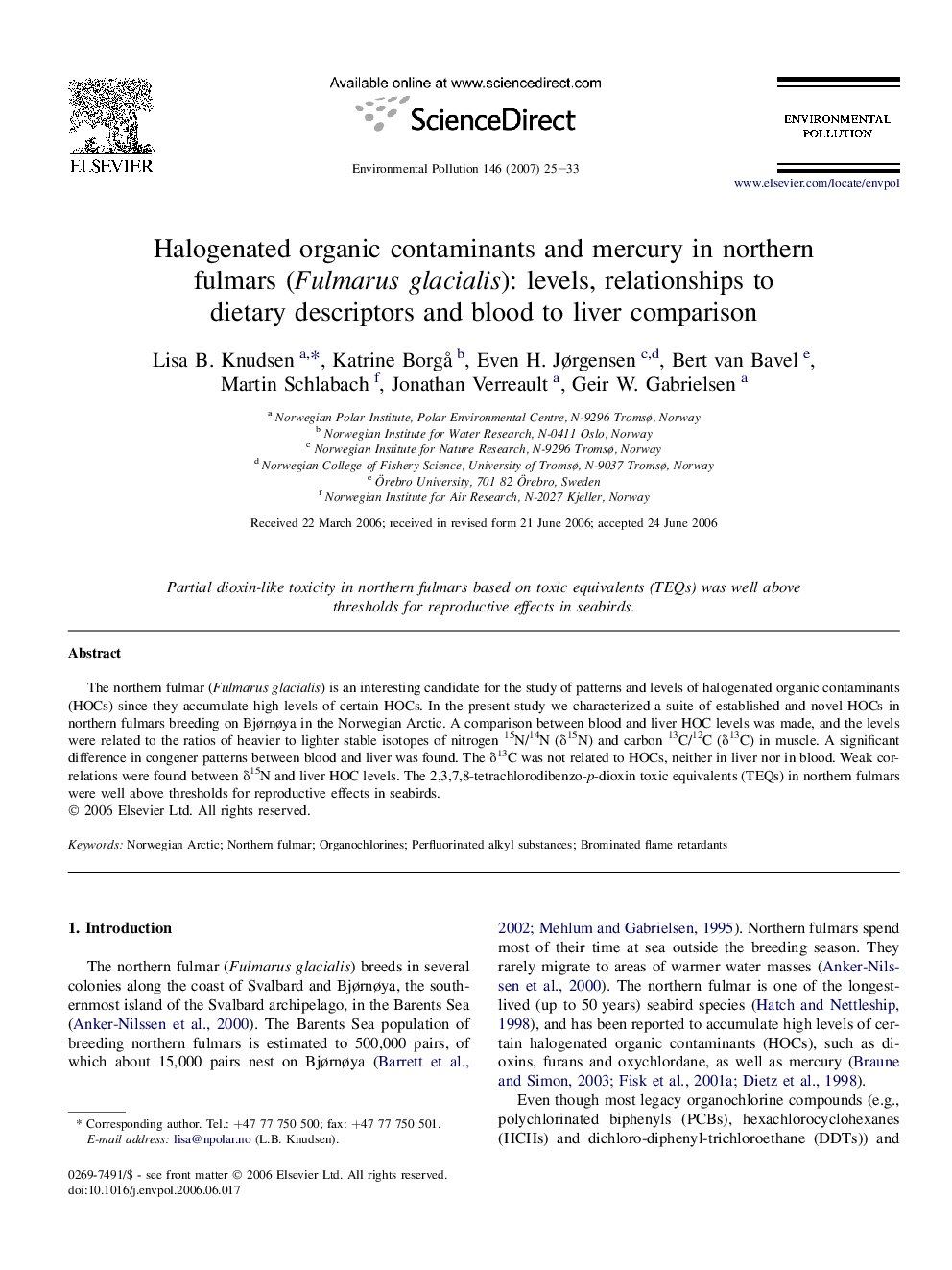 Halogenated organic contaminants and mercury in northern fulmars (Fulmarus glacialis): levels, relationships to dietary descriptors and blood to liver comparison