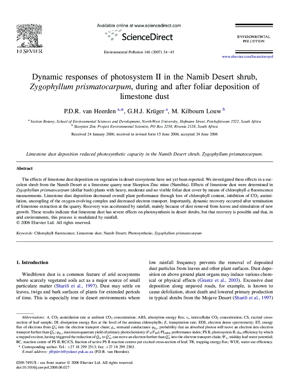 Dynamic responses of photosystem II in the Namib Desert shrub, Zygophyllum prismatocarpum, during and after foliar deposition of limestone dust