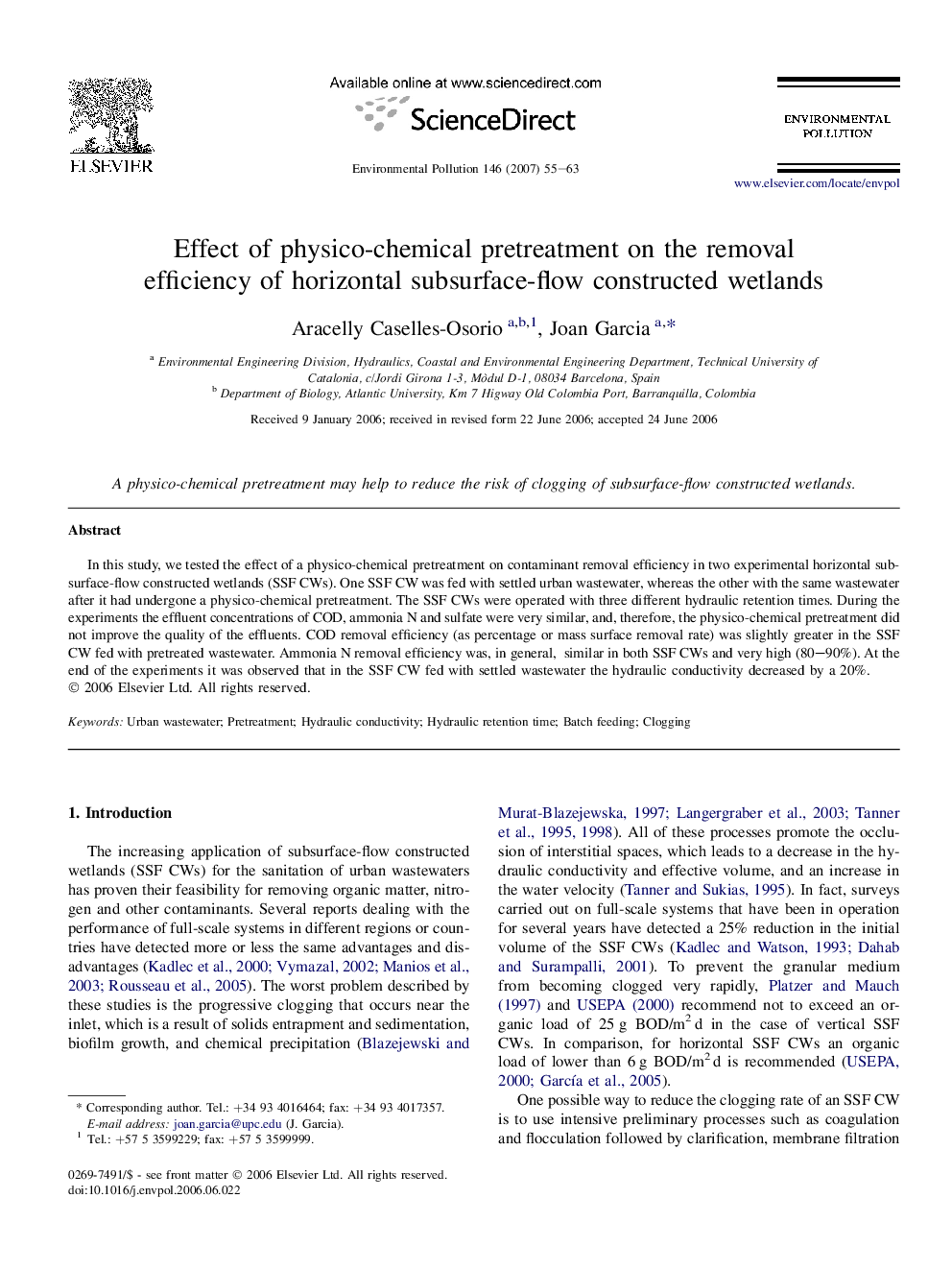 Effect of physico-chemical pretreatment on the removal efficiency of horizontal subsurface-flow constructed wetlands