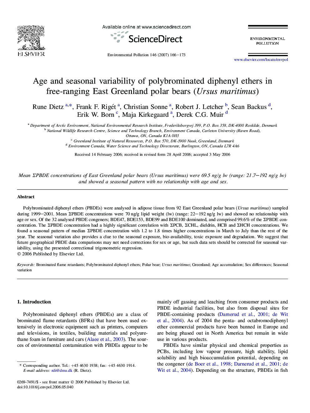 Age and seasonal variability of polybrominated diphenyl ethers in free-ranging East Greenland polar bears (Ursus maritimus)