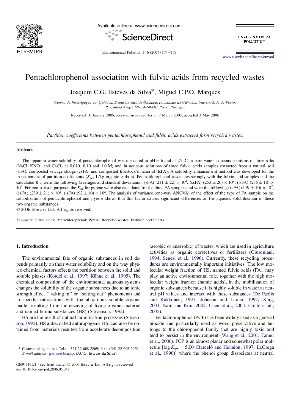 Pentachlorophenol association with fulvic acids from recycled wastes