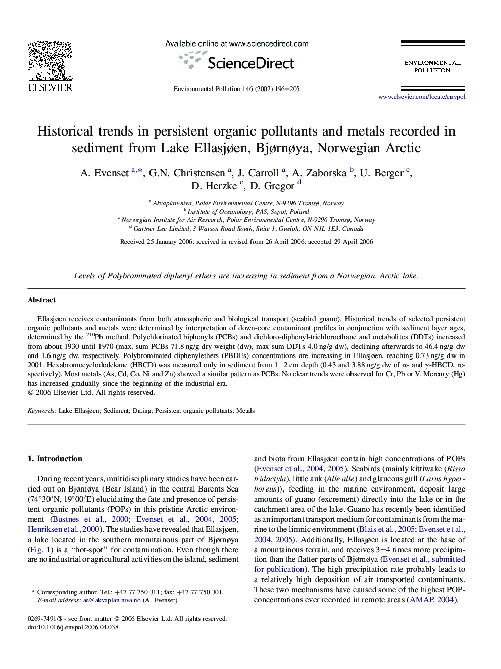 Historical trends in persistent organic pollutants and metals recorded in sediment from Lake Ellasjøen, Bjørnøya, Norwegian Arctic