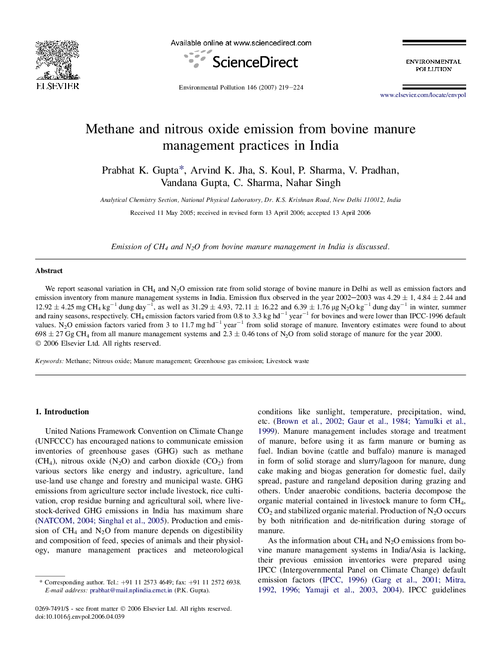 Methane and nitrous oxide emission from bovine manure management practices in India