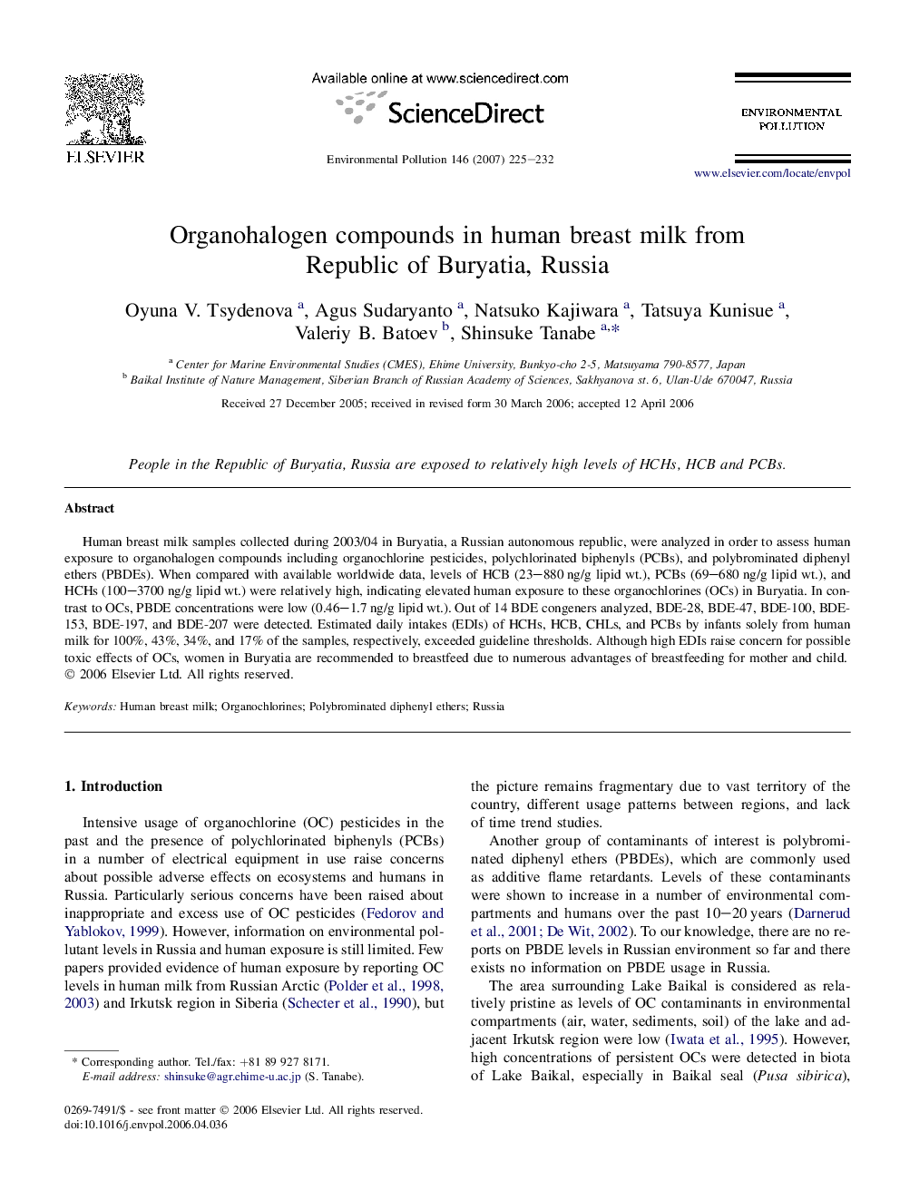 Organohalogen compounds in human breast milk from Republic of Buryatia, Russia