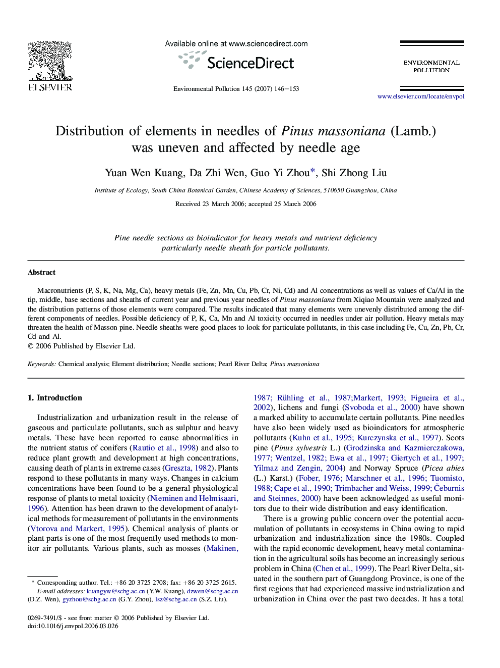 Distribution of elements in needles of Pinus massoniana (Lamb.) was uneven and affected by needle age