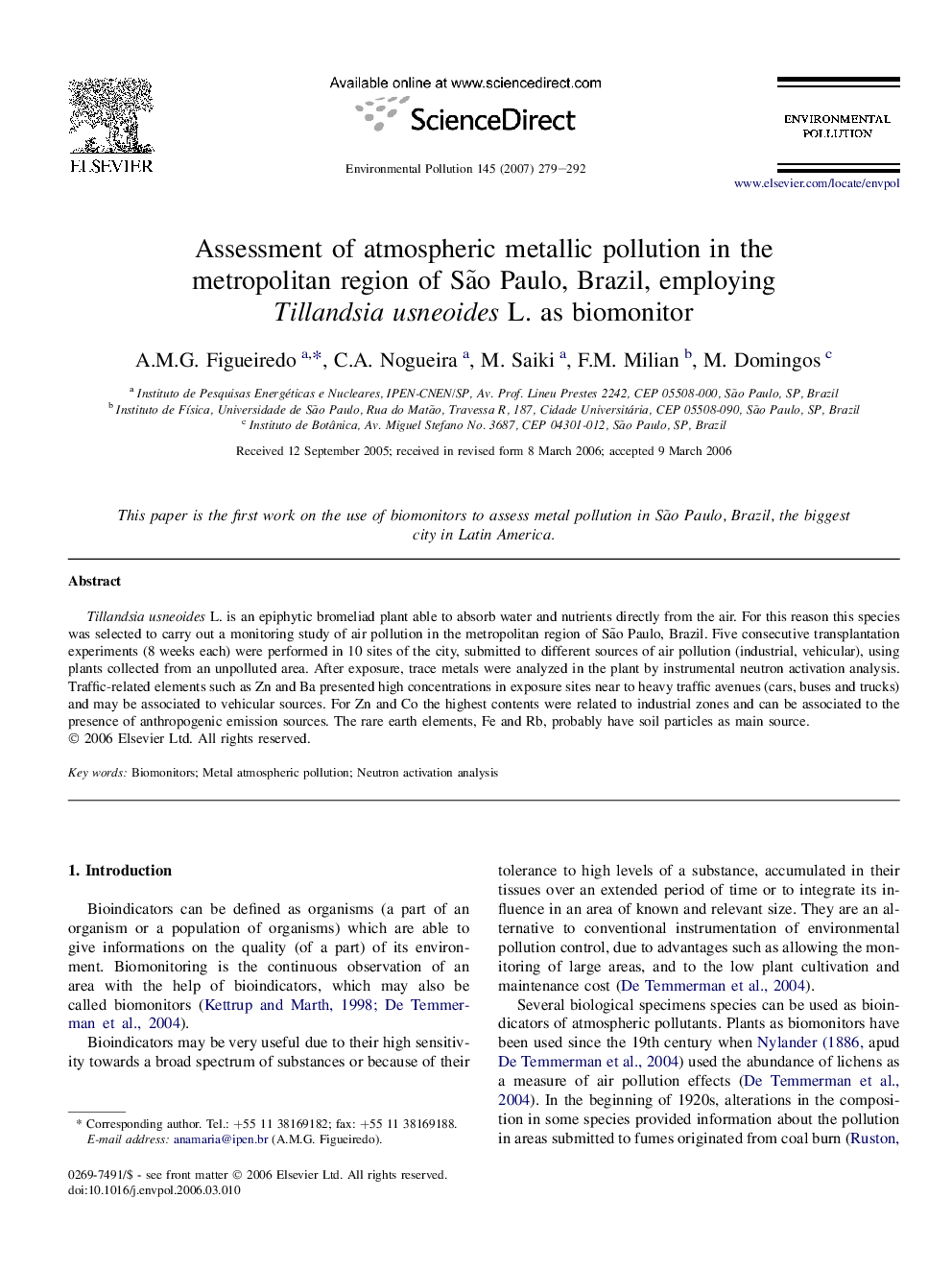 Assessment of atmospheric metallic pollution in the metropolitan region of São Paulo, Brazil, employing Tillandsia usneoides L. as biomonitor