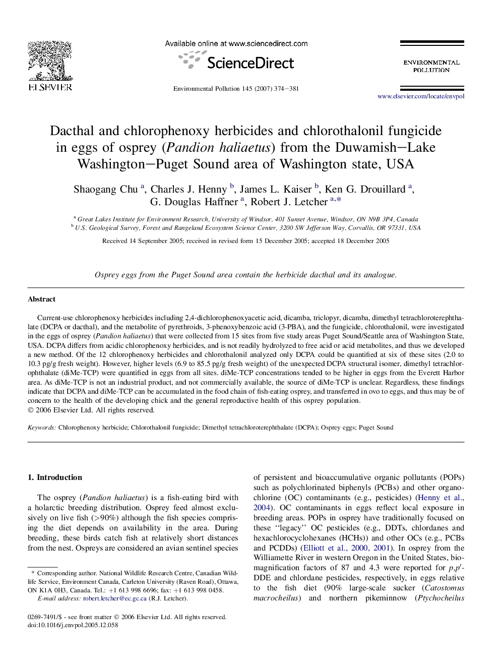 Dacthal and chlorophenoxy herbicides and chlorothalonil fungicide in eggs of osprey (Pandion haliaetus) from the Duwamish–Lake Washington–Puget Sound area of Washington state, USA