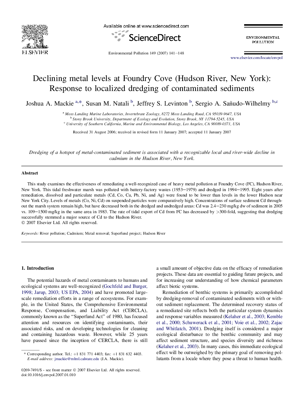 Declining metal levels at Foundry Cove (Hudson River, New York): Response to localized dredging of contaminated sediments