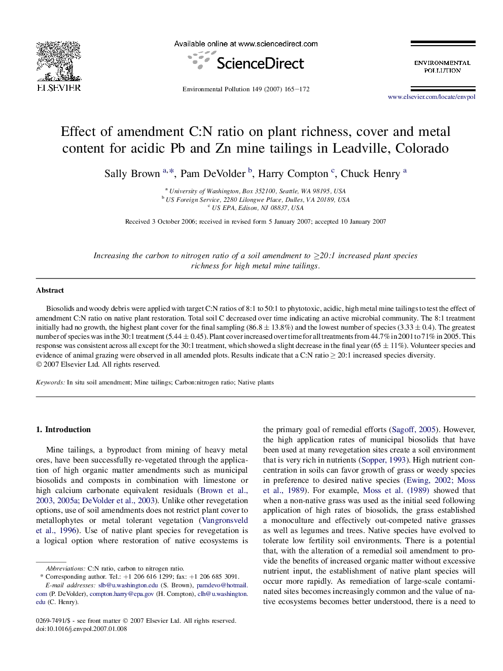 Effect of amendment C:N ratio on plant richness, cover and metal content for acidic Pb and Zn mine tailings in Leadville, Colorado