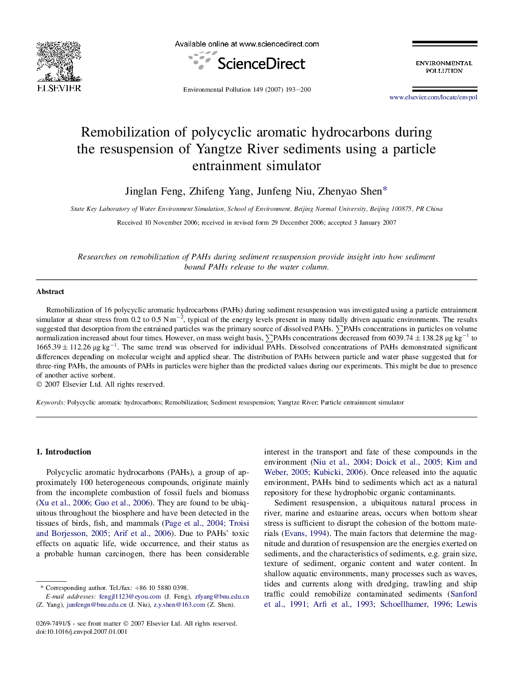 عکس صفحه اول مقاله: Remobilization of polycyclic aromatic hydrocarbons during the resuspension of Yangtze River sediments using a particle entrainment simulator Remobilization of polycyclic aromatic hydrocarbons during the resuspension of Yangtze River sediments using a particle entrainment simulator