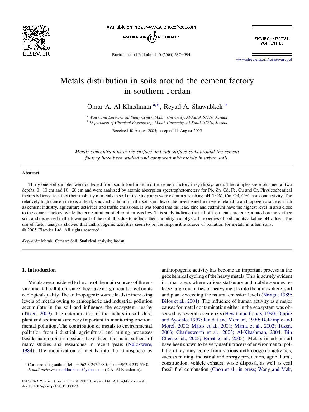 Metals distribution in soils around the cement factory in southern Jordan