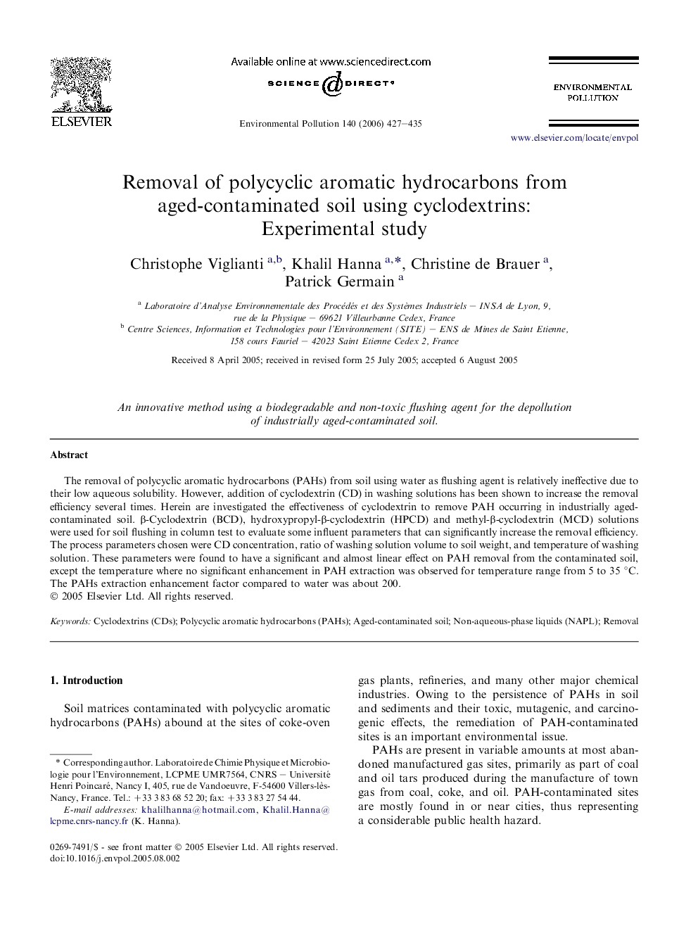 Removal of polycyclic aromatic hydrocarbons from aged-contaminated soil using cyclodextrins: Experimental study