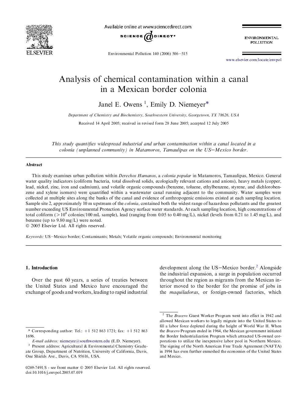 Analysis of chemical contamination within a canal in a Mexican border colonia