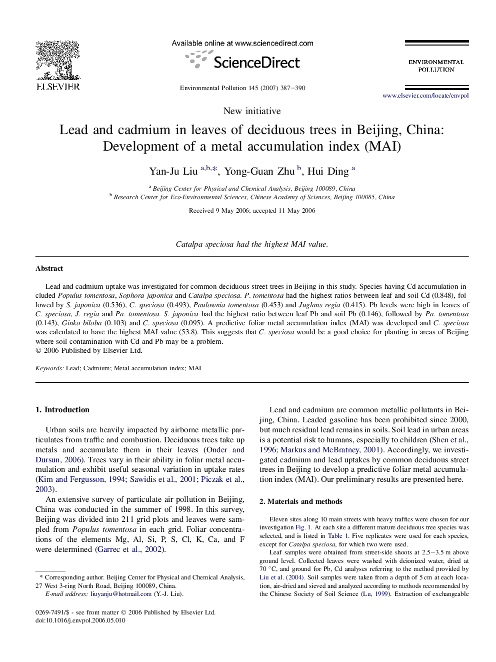 Lead and cadmium in leaves of deciduous trees in Beijing, China: Development of a metal accumulation index (MAI)