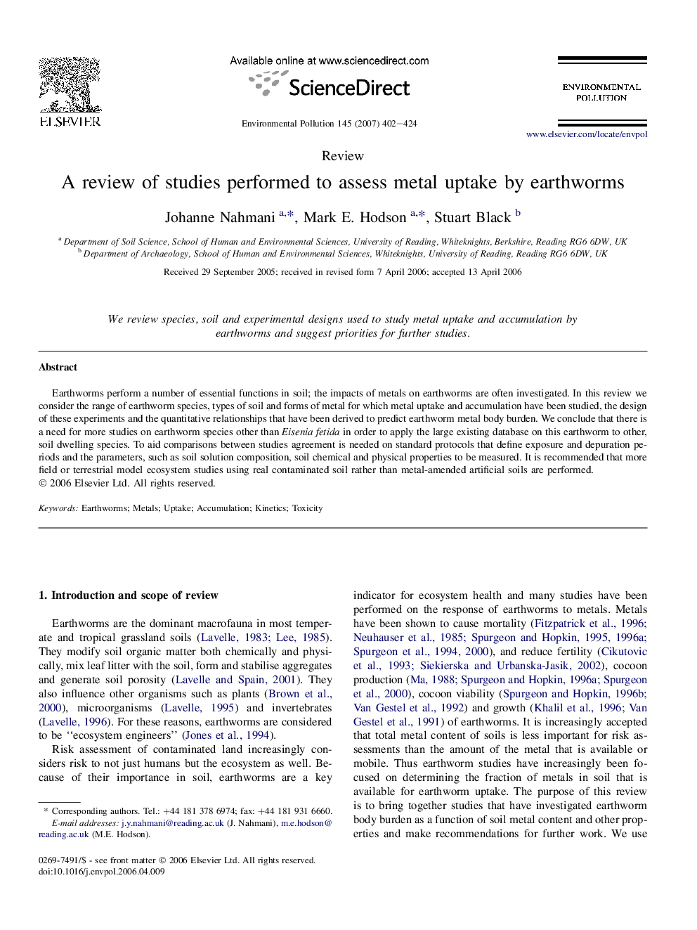 A review of studies performed to assess metal uptake by earthworms