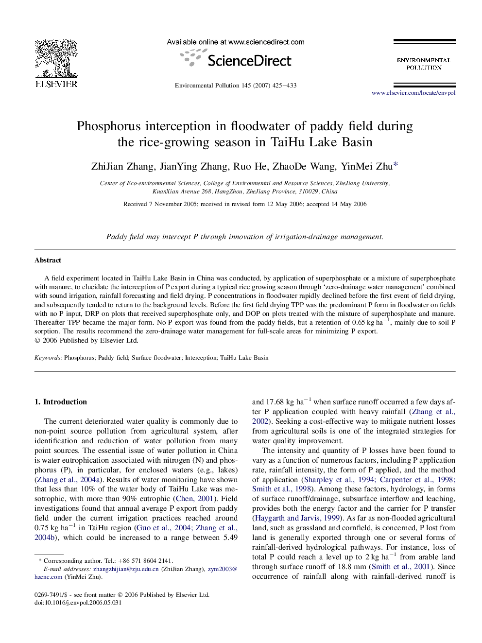 Phosphorus interception in floodwater of paddy field during the rice-growing season in TaiHu Lake Basin