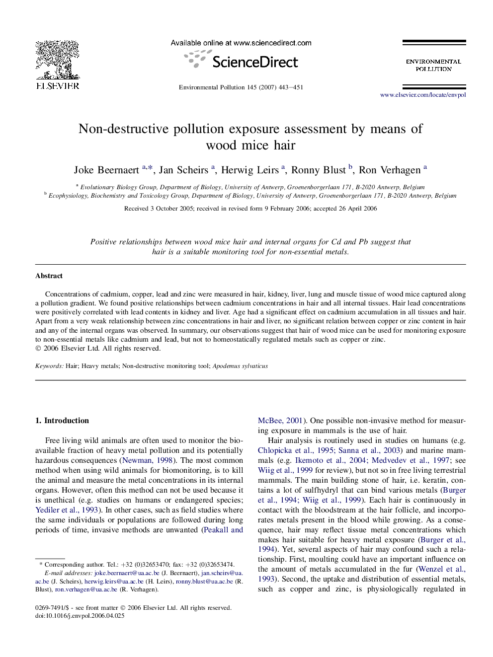 Non-destructive pollution exposure assessment by means of wood mice hair