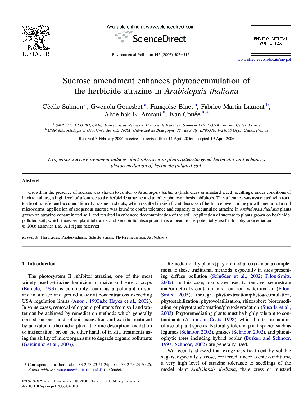 Sucrose amendment enhances phytoaccumulation of the herbicide atrazine in Arabidopsis thaliana