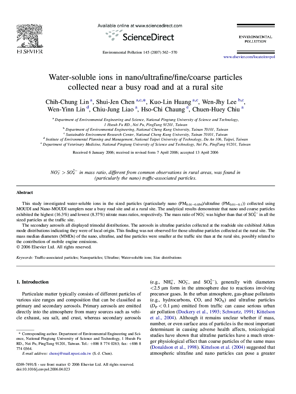 Water-soluble ions in nano/ultrafine/fine/coarse particles collected near a busy road and at a rural site