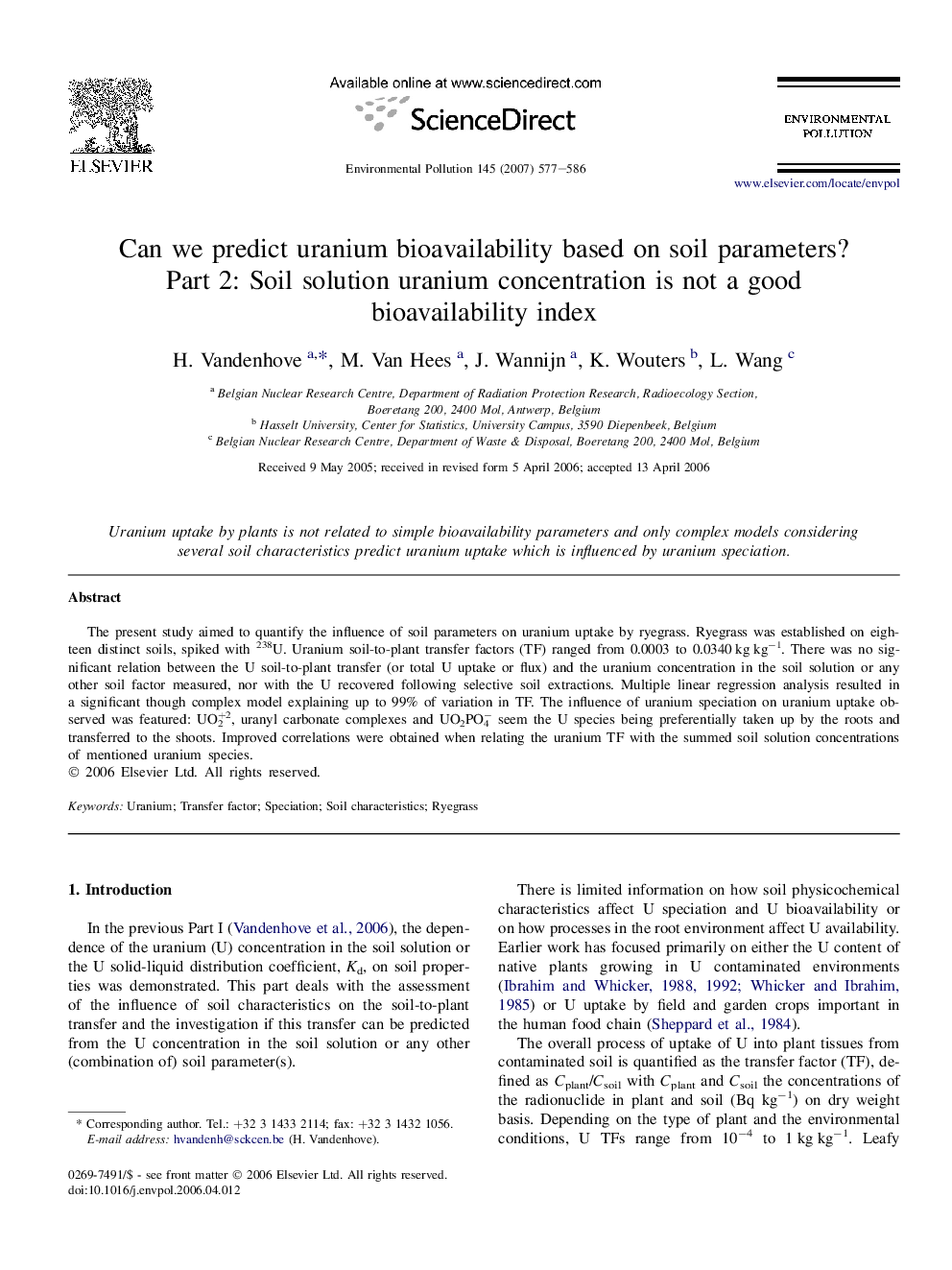 Can we predict uranium bioavailability based on soil parameters? Part 2: Soil solution uranium concentration is not a good bioavailability index