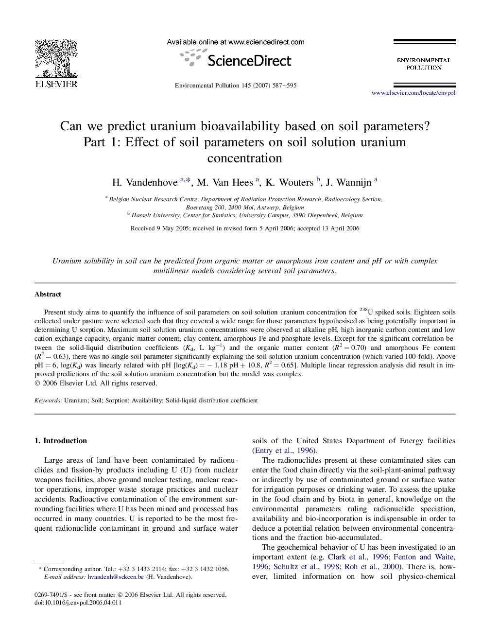 Can we predict uranium bioavailability based on soil parameters? Part 1: Effect of soil parameters on soil solution uranium concentration