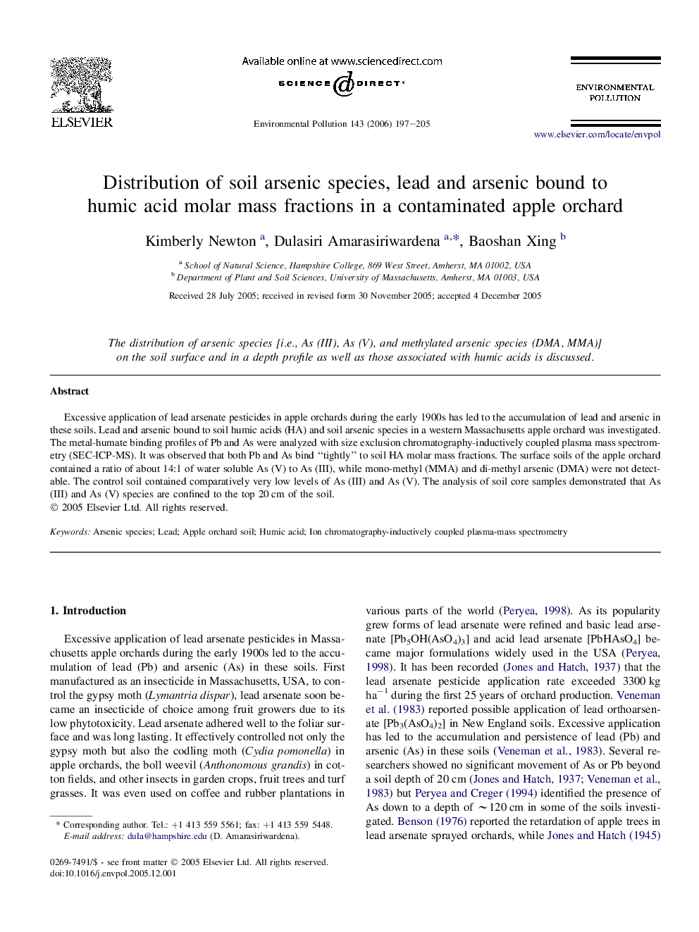 Distribution of soil arsenic species, lead and arsenic bound to humic acid molar mass fractions in a contaminated apple orchard