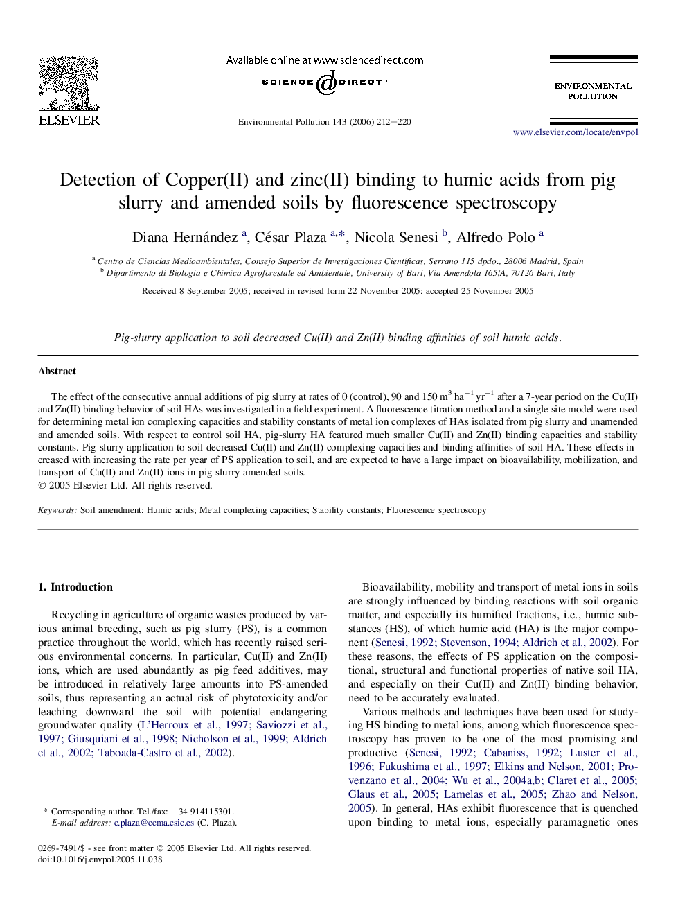 Detection of Copper(II) and zinc(II) binding to humic acids from pig slurry and amended soils by fluorescence spectroscopy