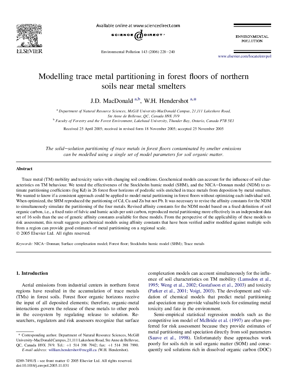 Modelling trace metal partitioning in forest floors of northern soils near metal smelters