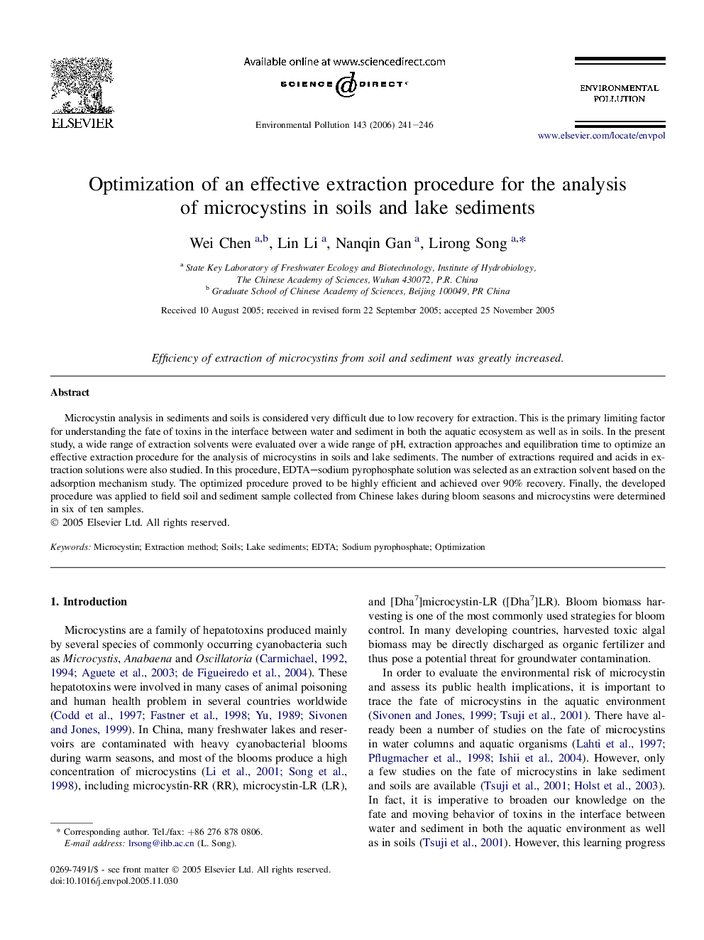 Optimization of an effective extraction procedure for the analysis of microcystins in soils and lake sediments