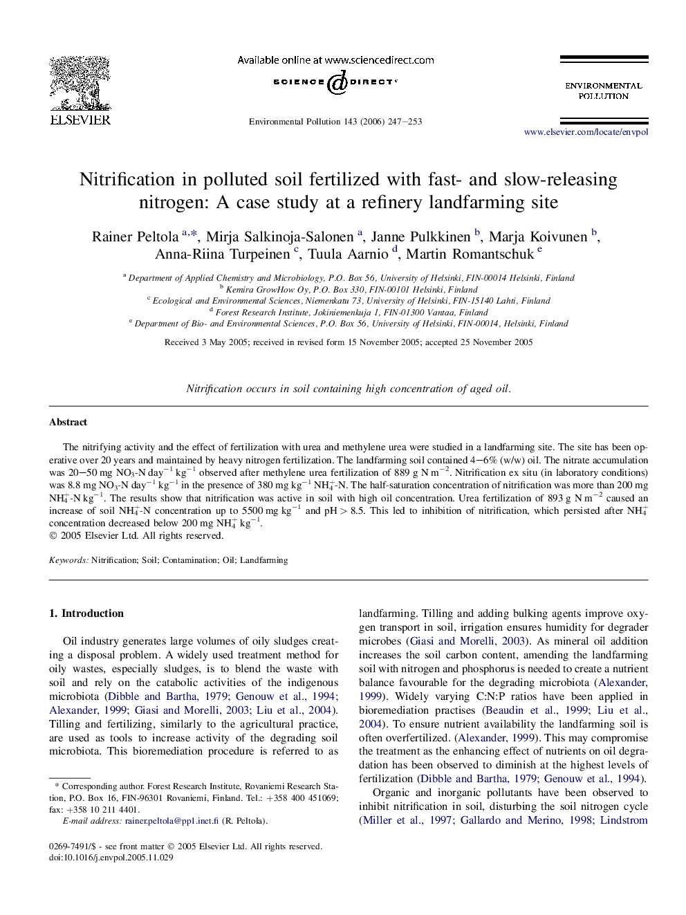 Nitrification in polluted soil fertilized with fast- and slow-releasing nitrogen: A case study at a refinery landfarming site