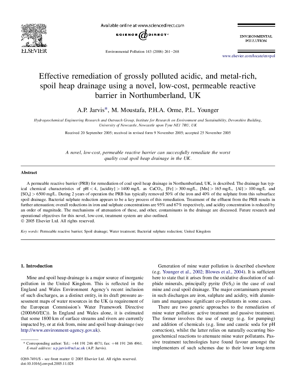 Effective remediation of grossly polluted acidic, and metal-rich, spoil heap drainage using a novel, low-cost, permeable reactive barrier in Northumberland, UK