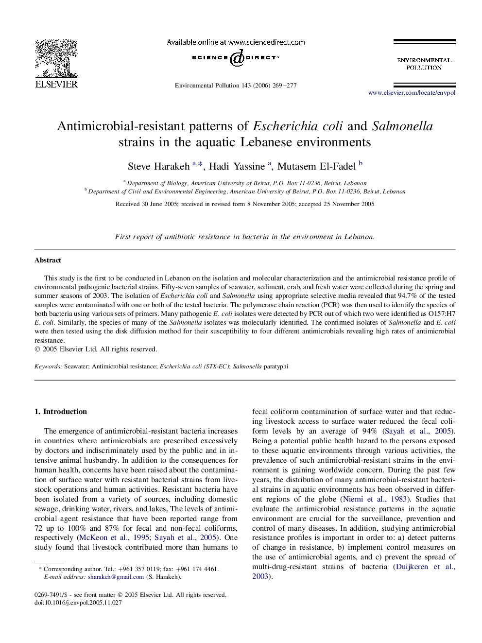 Antimicrobial-resistant patterns of Escherichia coli and Salmonella strains in the aquatic Lebanese environments