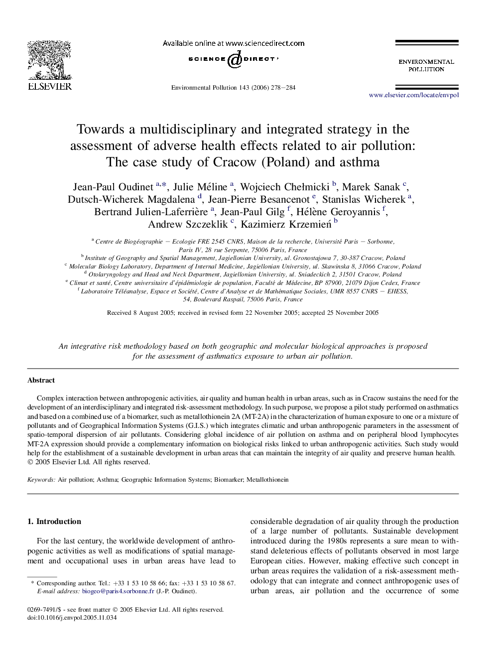 Towards a multidisciplinary and integrated strategy in the assessment of adverse health effects related to air pollution: The case study of Cracow (Poland) and asthma