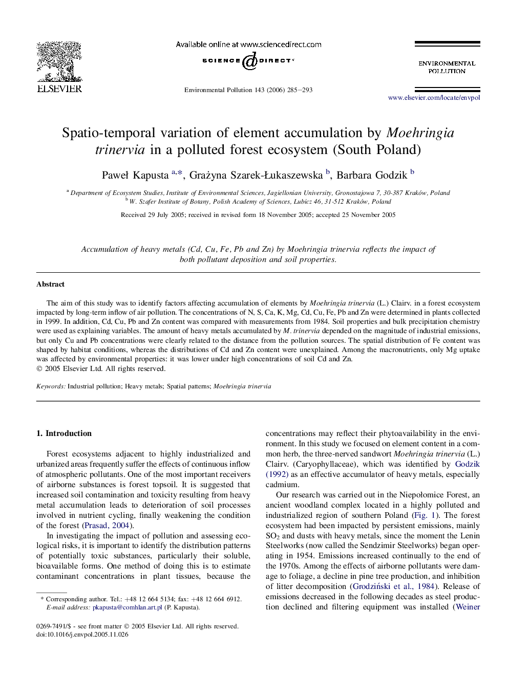 Spatio-temporal variation of element accumulation by Moehringia trinervia in a polluted forest ecosystem (South Poland)