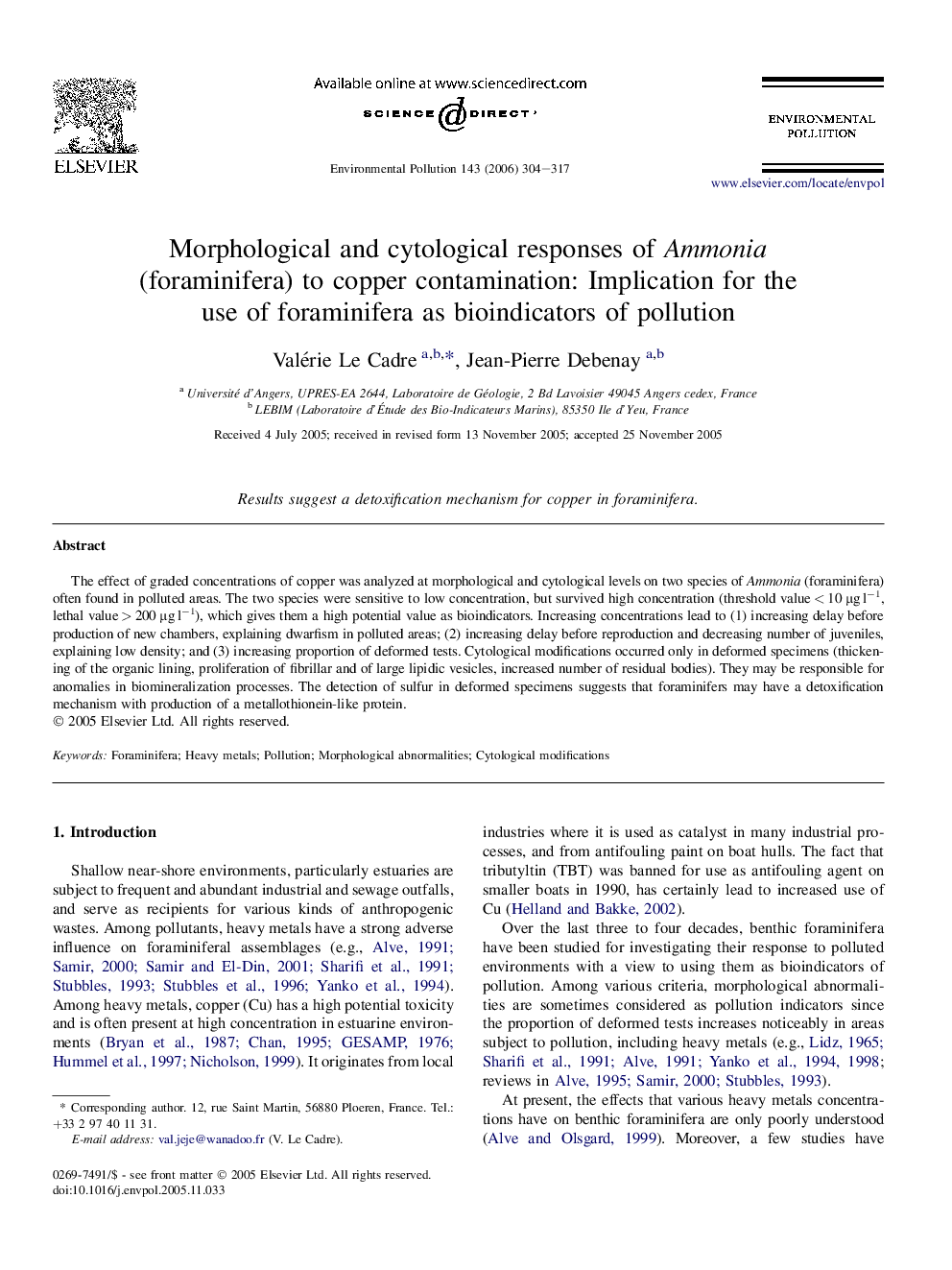 Morphological and cytological responses of Ammonia (foraminifera) to copper contamination: Implication for the use of foraminifera as bioindicators of pollution