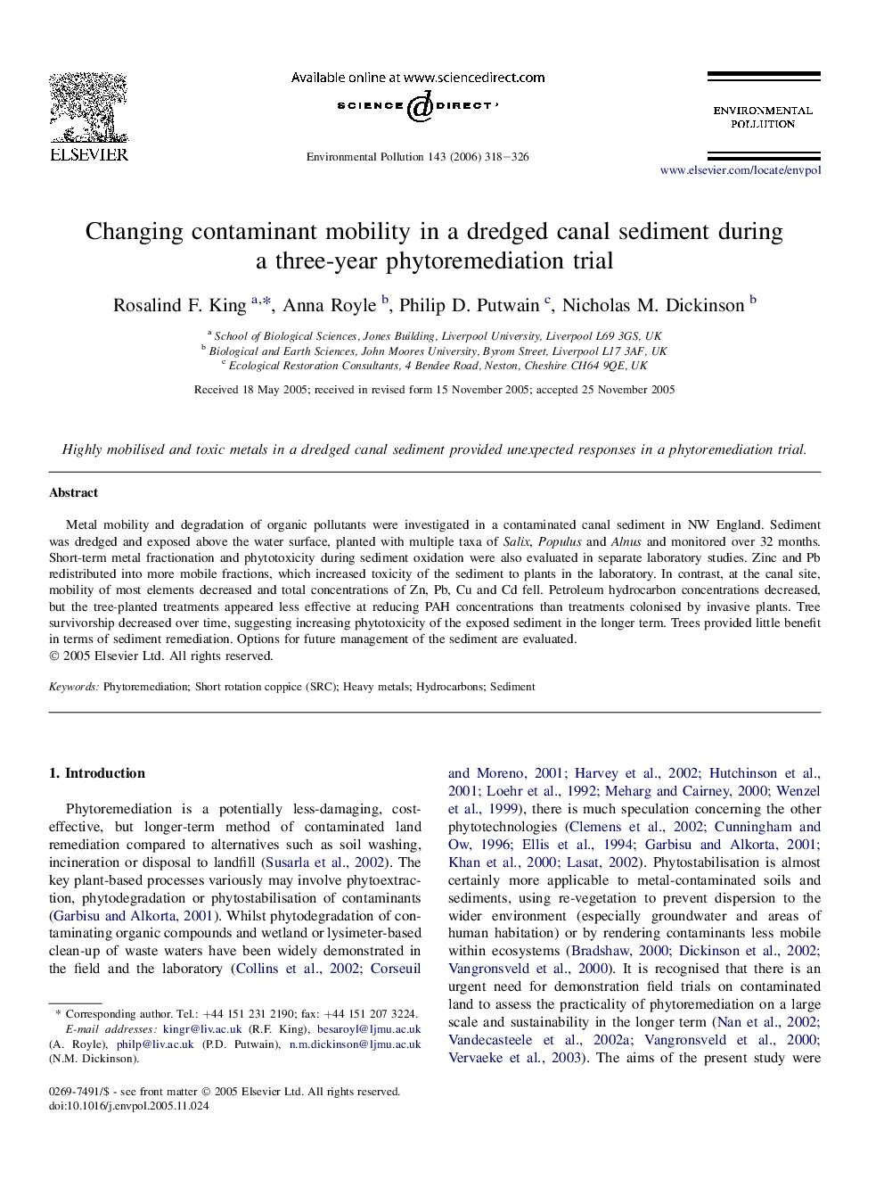 Changing contaminant mobility in a dredged canal sediment during a three-year phytoremediation trial