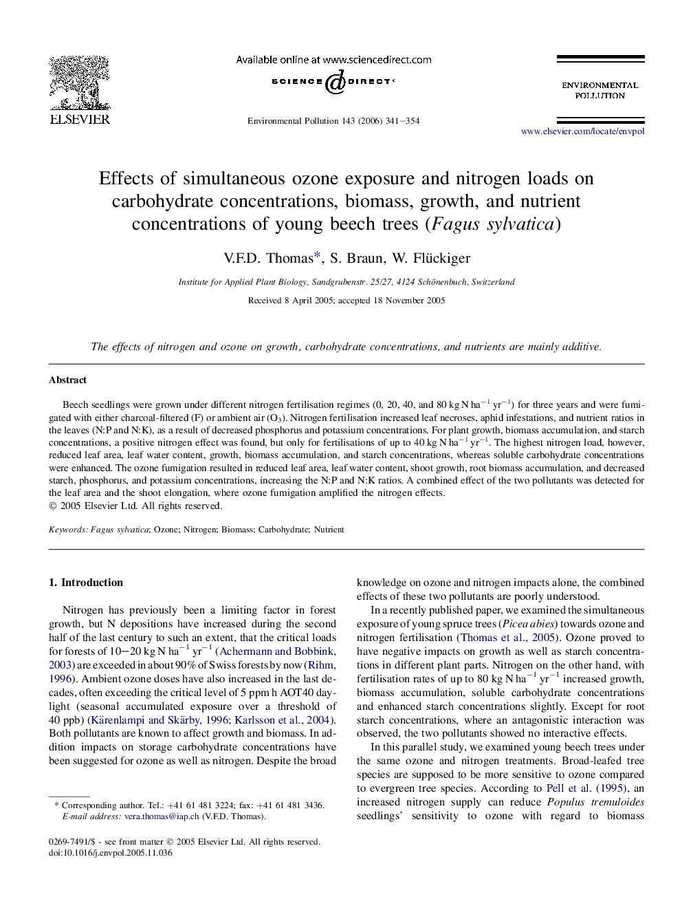 Effects of simultaneous ozone exposure and nitrogen loads on carbohydrate concentrations, biomass, growth, and nutrient concentrations of young beech trees (Fagus sylvatica)